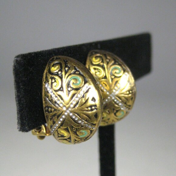 Earrings CLIP ON Imitation Toledo Damscene Goldtone Vintage Spain Button Byzanti - Picture 2 of 6